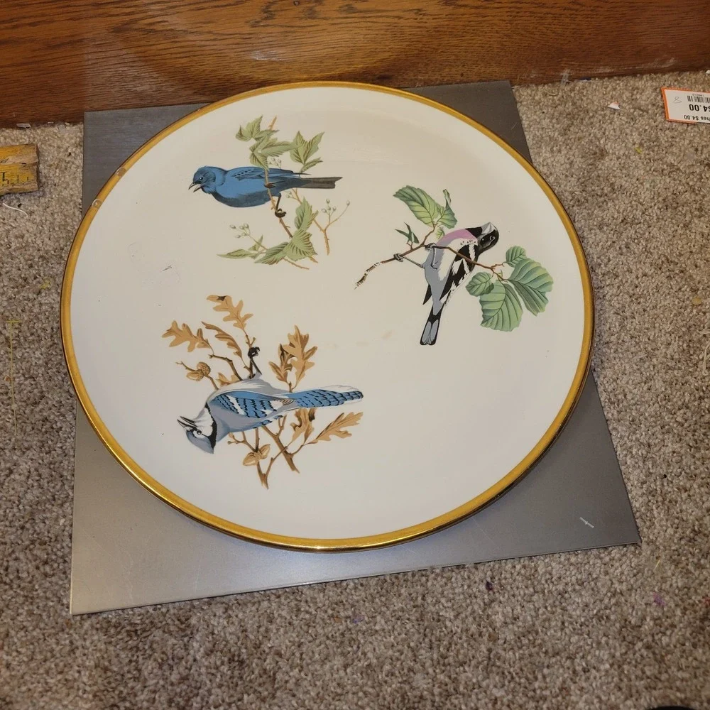Vintage Futura Pope-Gosser‎ Bird Plate Gold Rim Blue Jay Woodpecker Wall Decor